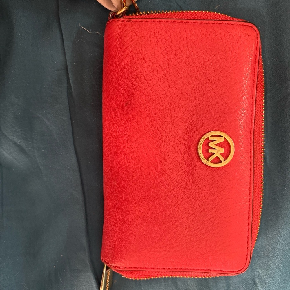 Michael Kors corral orange pebbled zip wallet